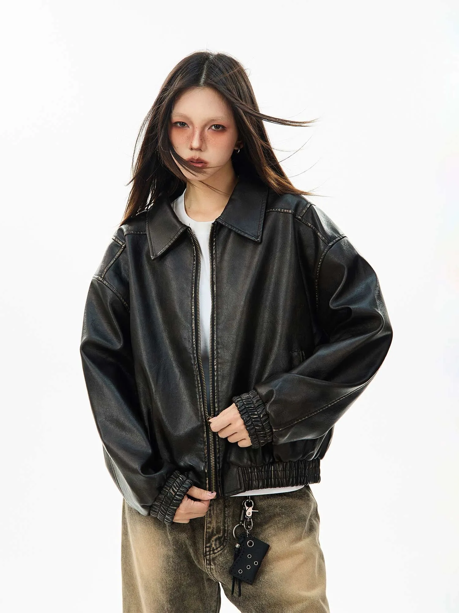 Faux Leather Bomber Jacket with Elastic Cuffs and Hem