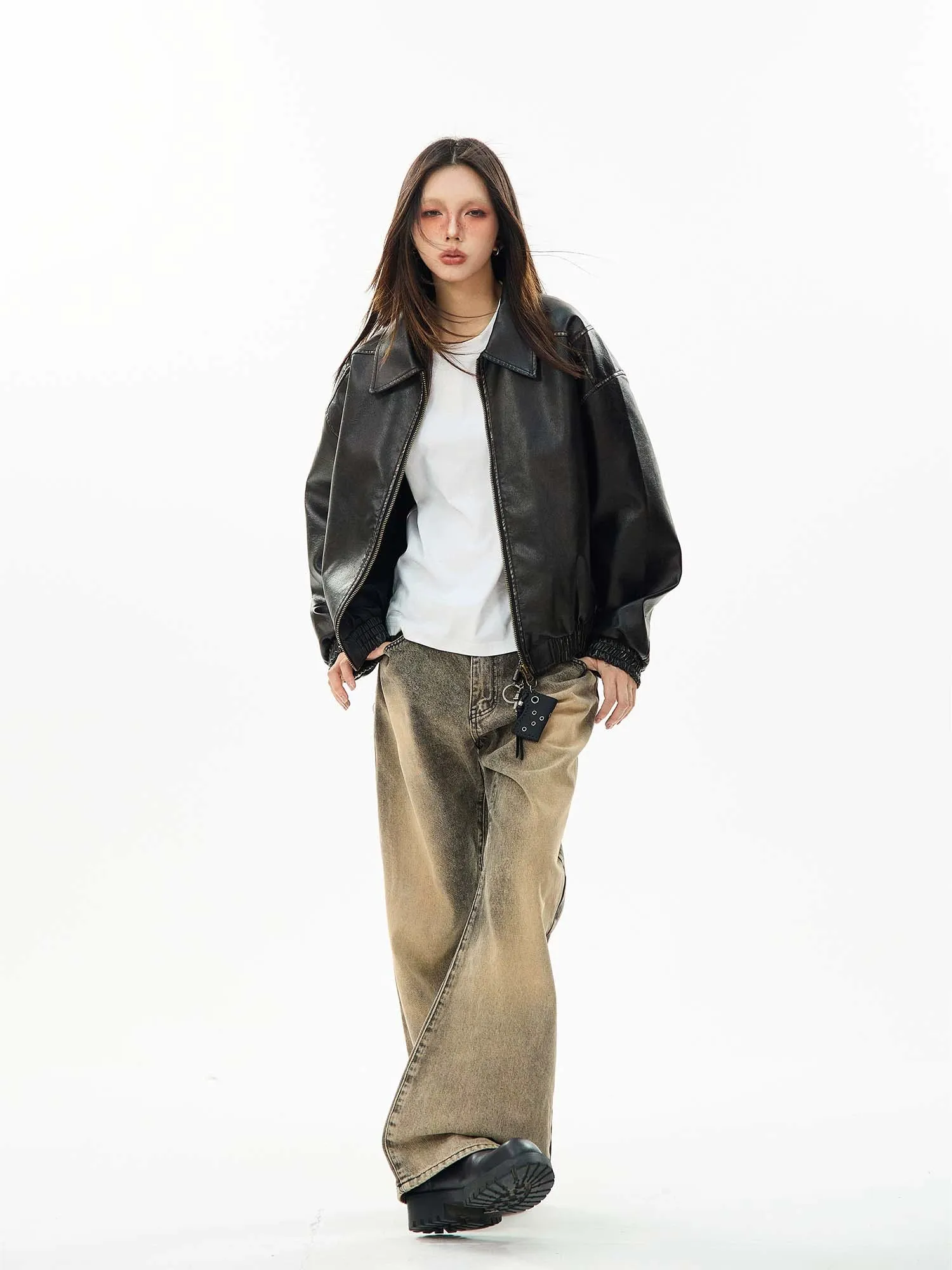 Faux Leather Bomber Jacket with Elastic Cuffs and Hem