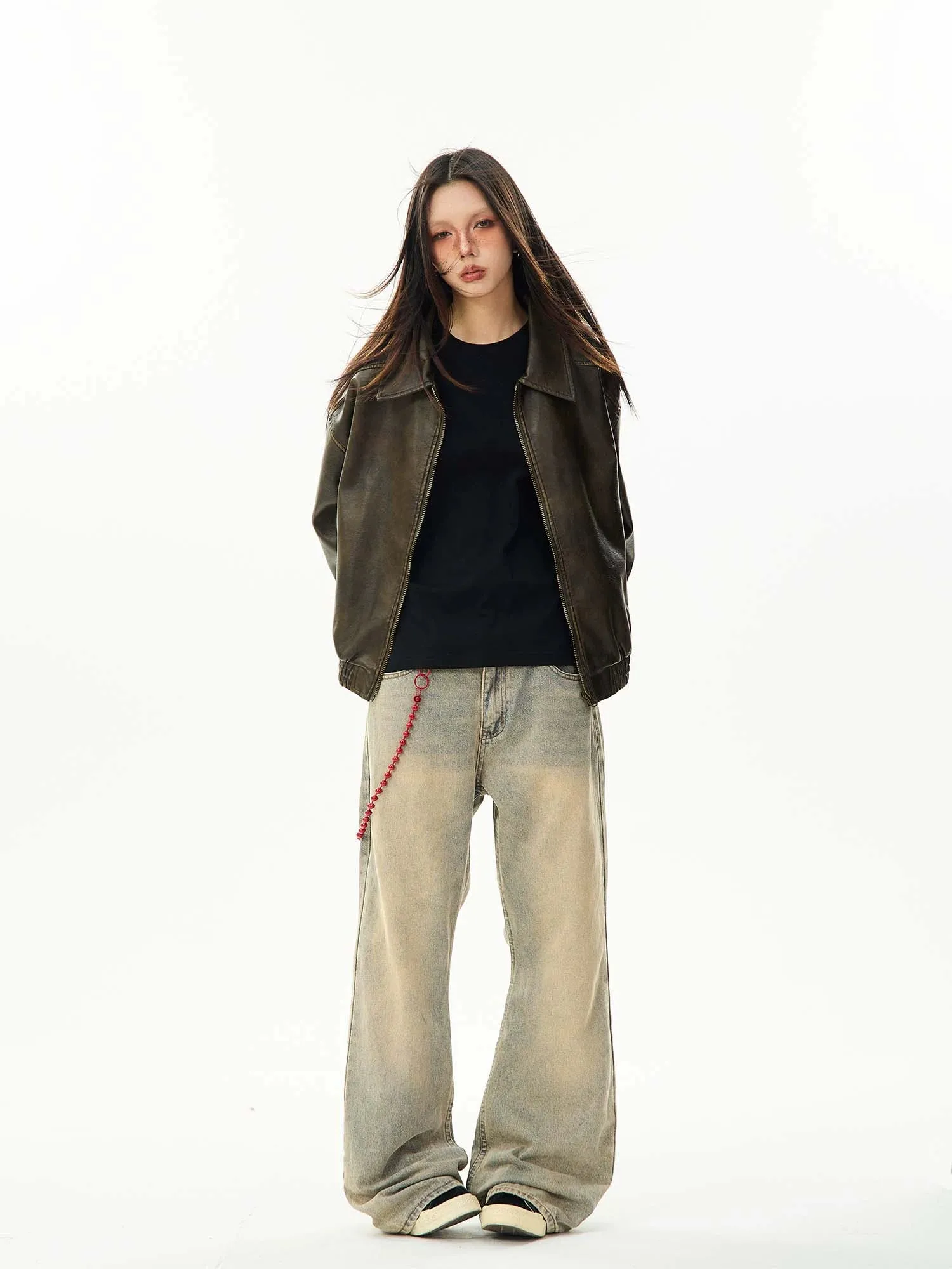 Faux Leather Bomber Jacket with Elastic Cuffs and Hem
