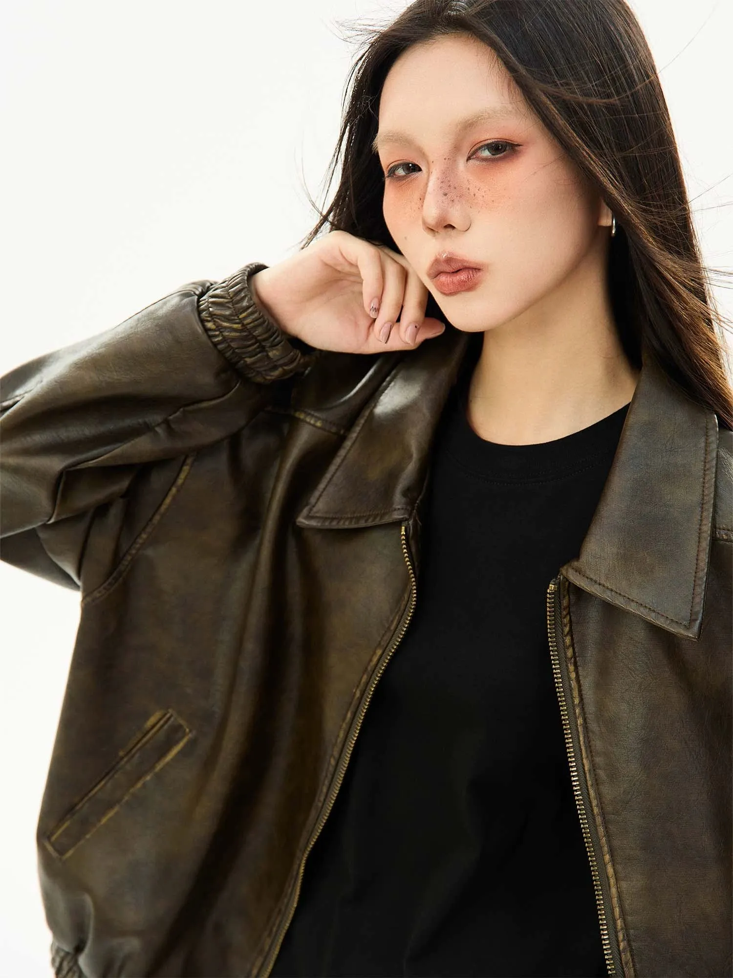 Faux Leather Bomber Jacket with Elastic Cuffs and Hem