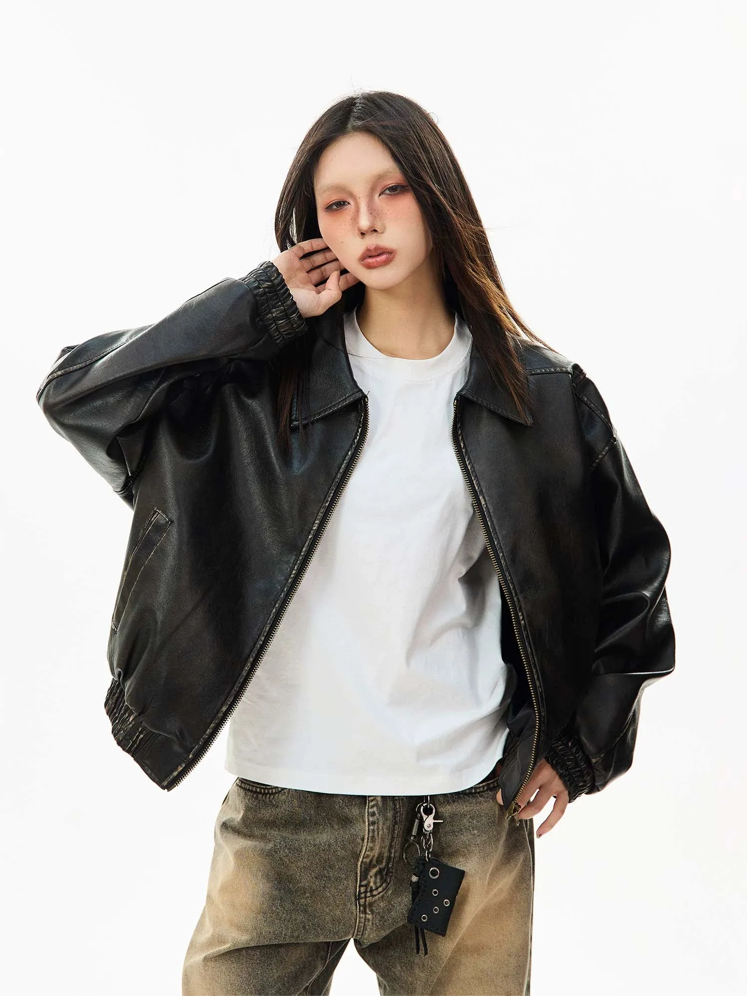 Faux Leather Bomber Jacket with Elastic Cuffs and Hem