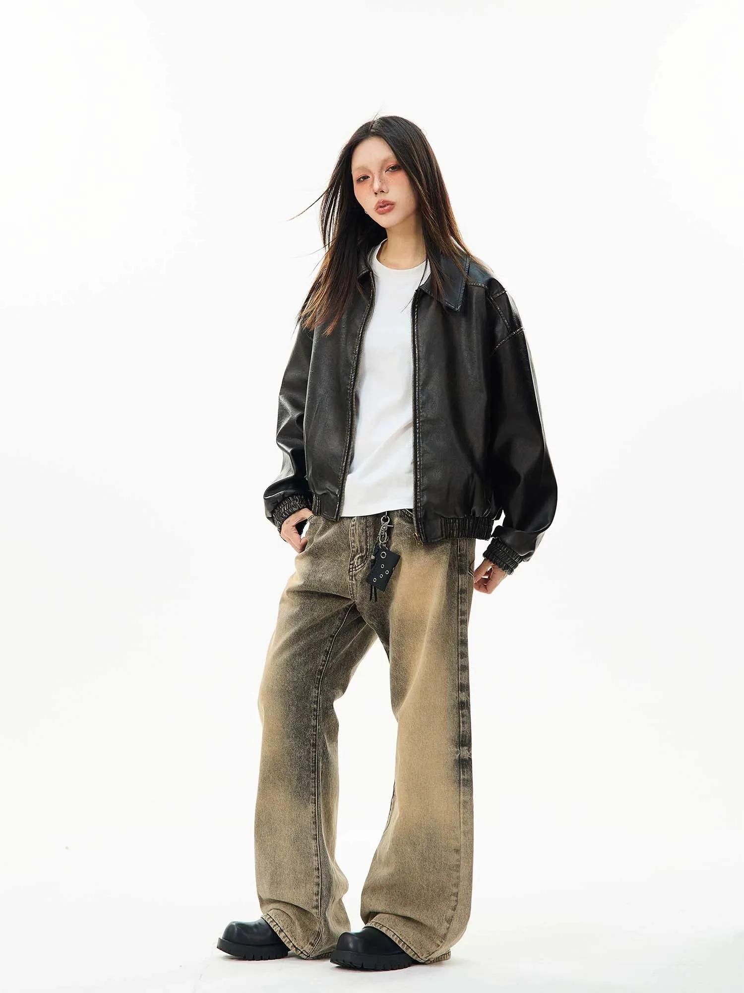 Faux Leather Bomber Jacket with Elastic Cuffs and Hem