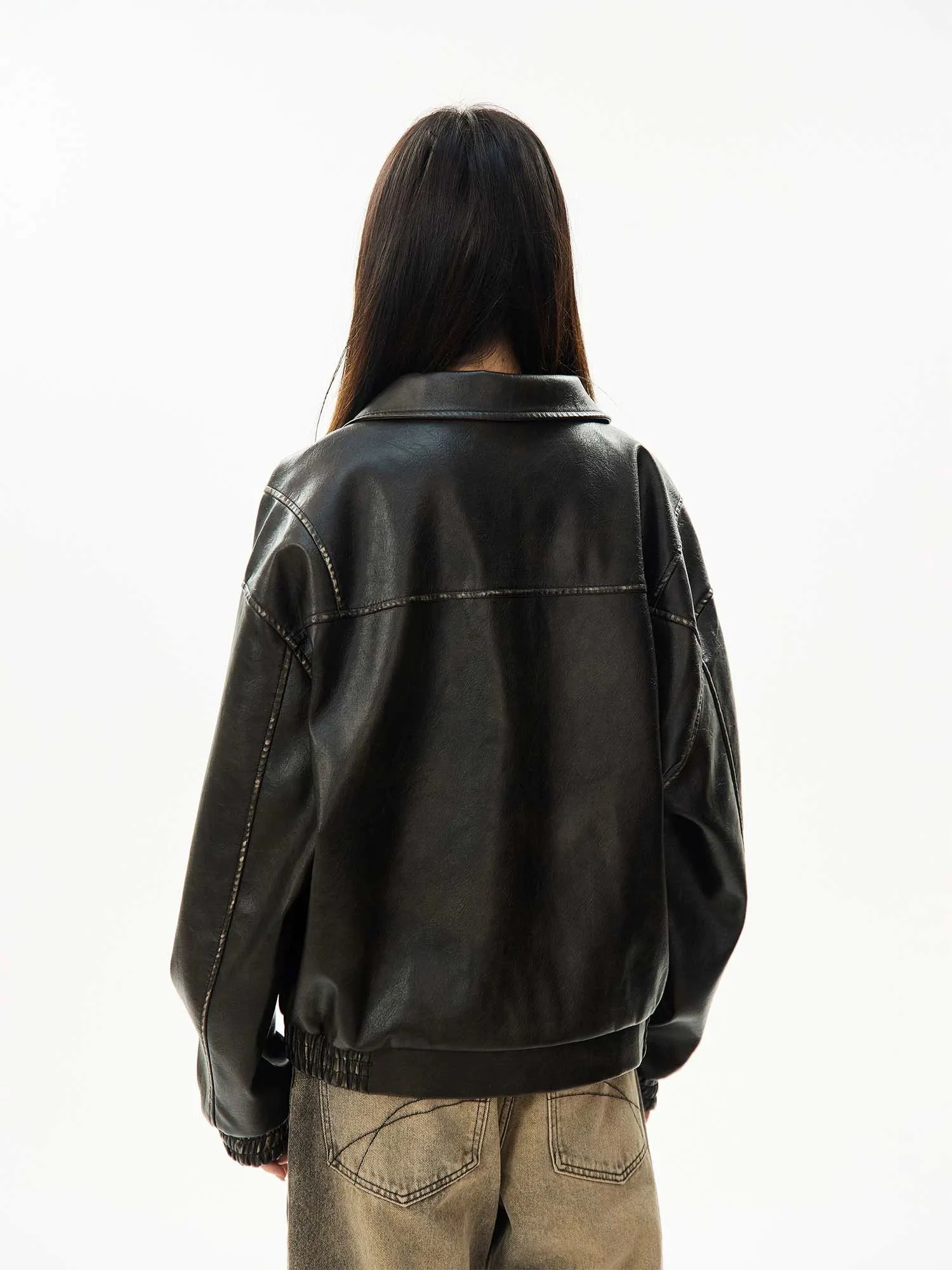 Faux Leather Bomber Jacket with Elastic Cuffs and Hem