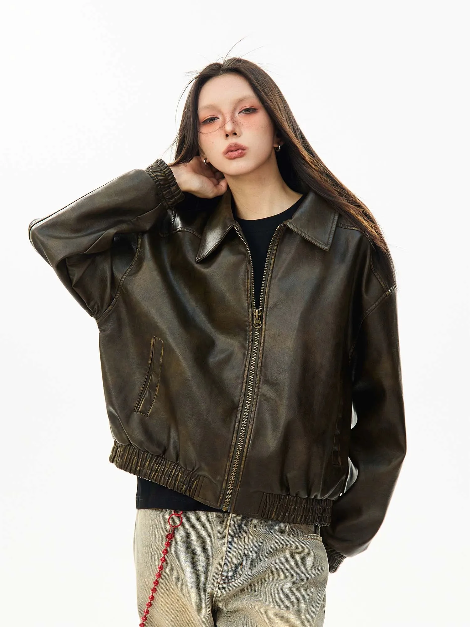Faux Leather Bomber Jacket with Elastic Cuffs and Hem