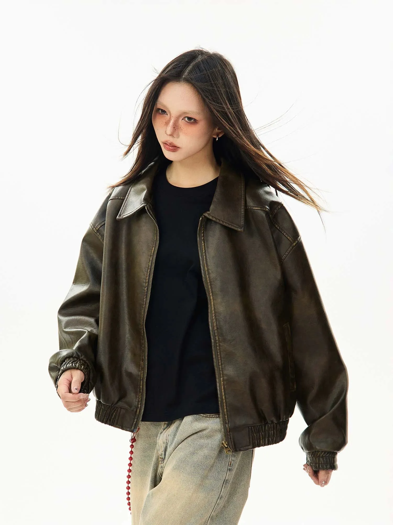 Faux Leather Bomber Jacket with Elastic Cuffs and Hem