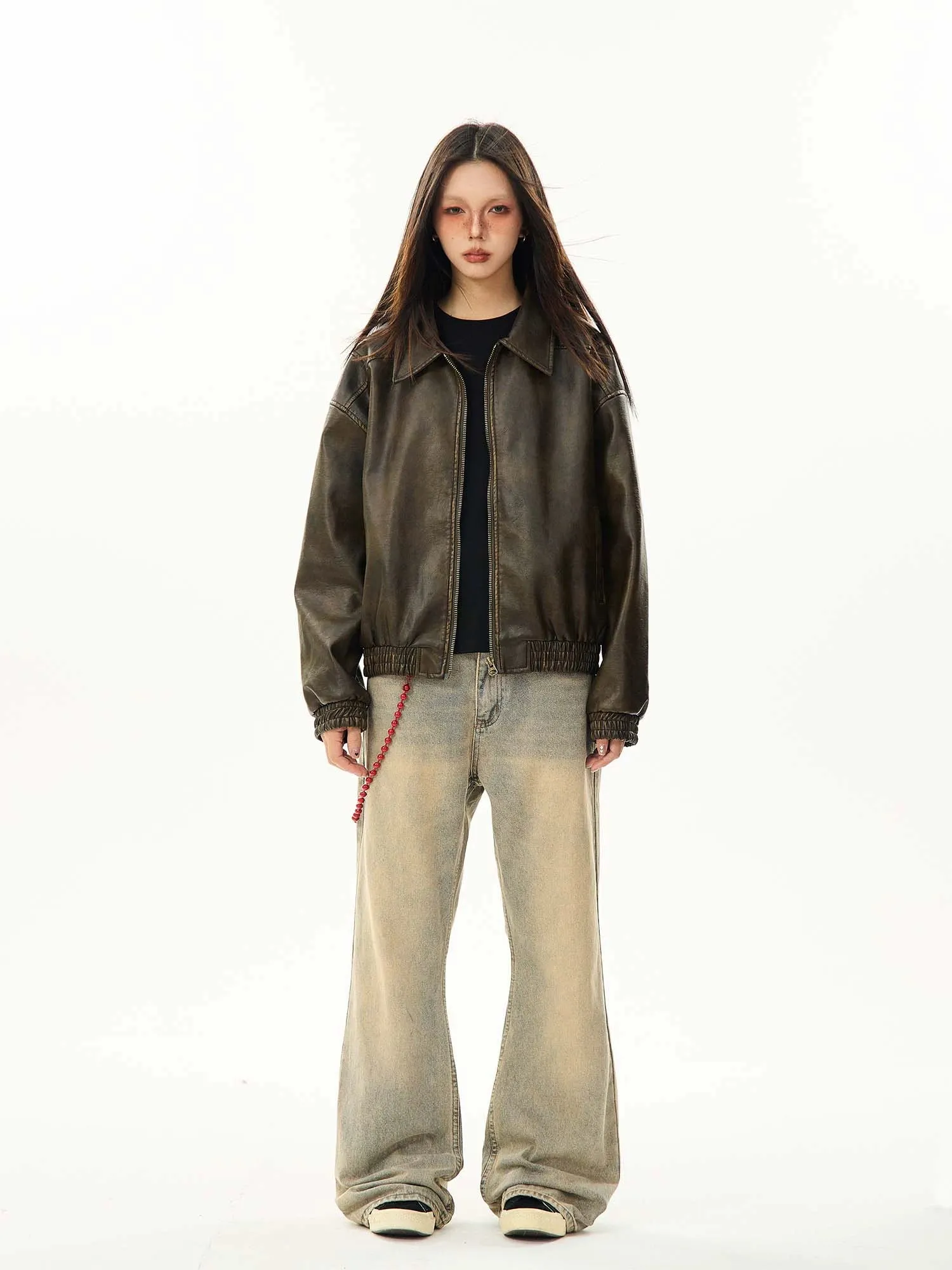 Faux Leather Bomber Jacket with Elastic Cuffs and Hem