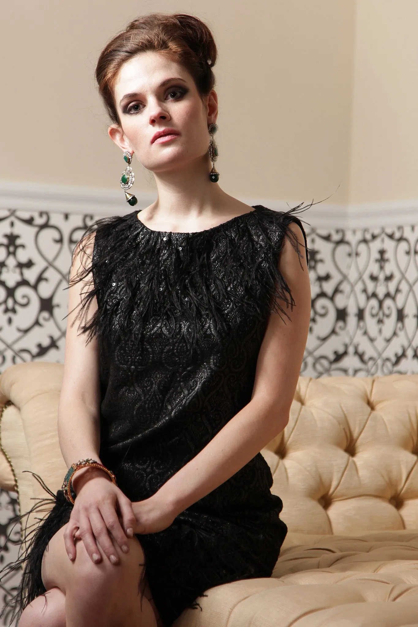 Grace- Brocade shift dress with Ostrich feathers - SOLD OUT