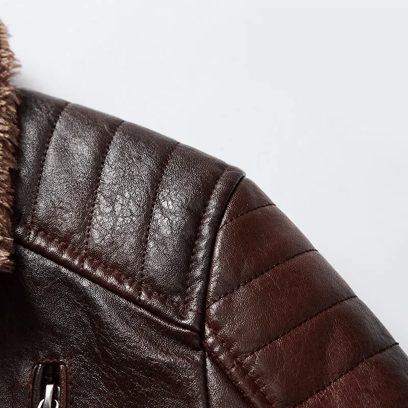 Men's Fur Collar Thicken Leather Jacket / Pockets Zipper Warm Jackets