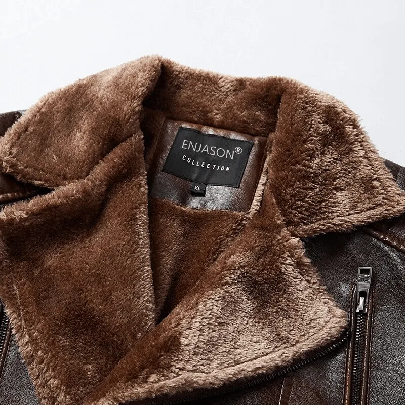 Men's Fur Collar Thicken Leather Jacket / Pockets Zipper Warm Jackets