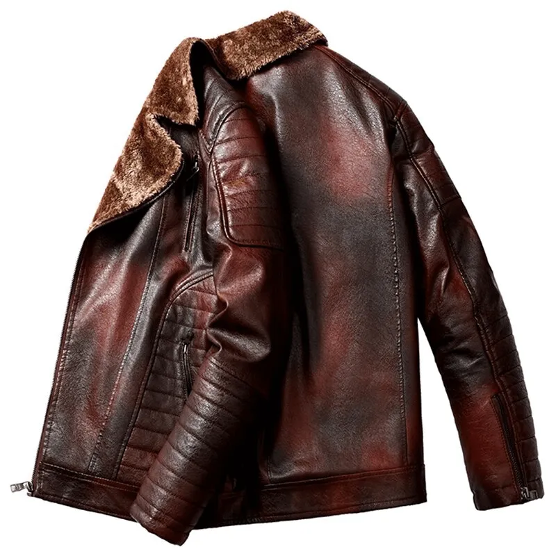 Men's Fur Collar Thicken Leather Jacket / Pockets Zipper Warm Jackets