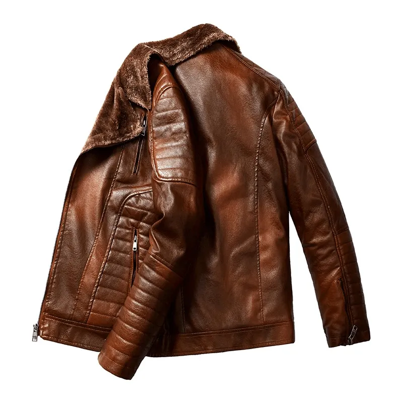 Men's Fur Collar Thicken Leather Jacket / Pockets Zipper Warm Jackets