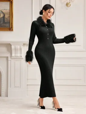 Modely Fuzzy Collar and Cuff Button Front Sweater Dress
