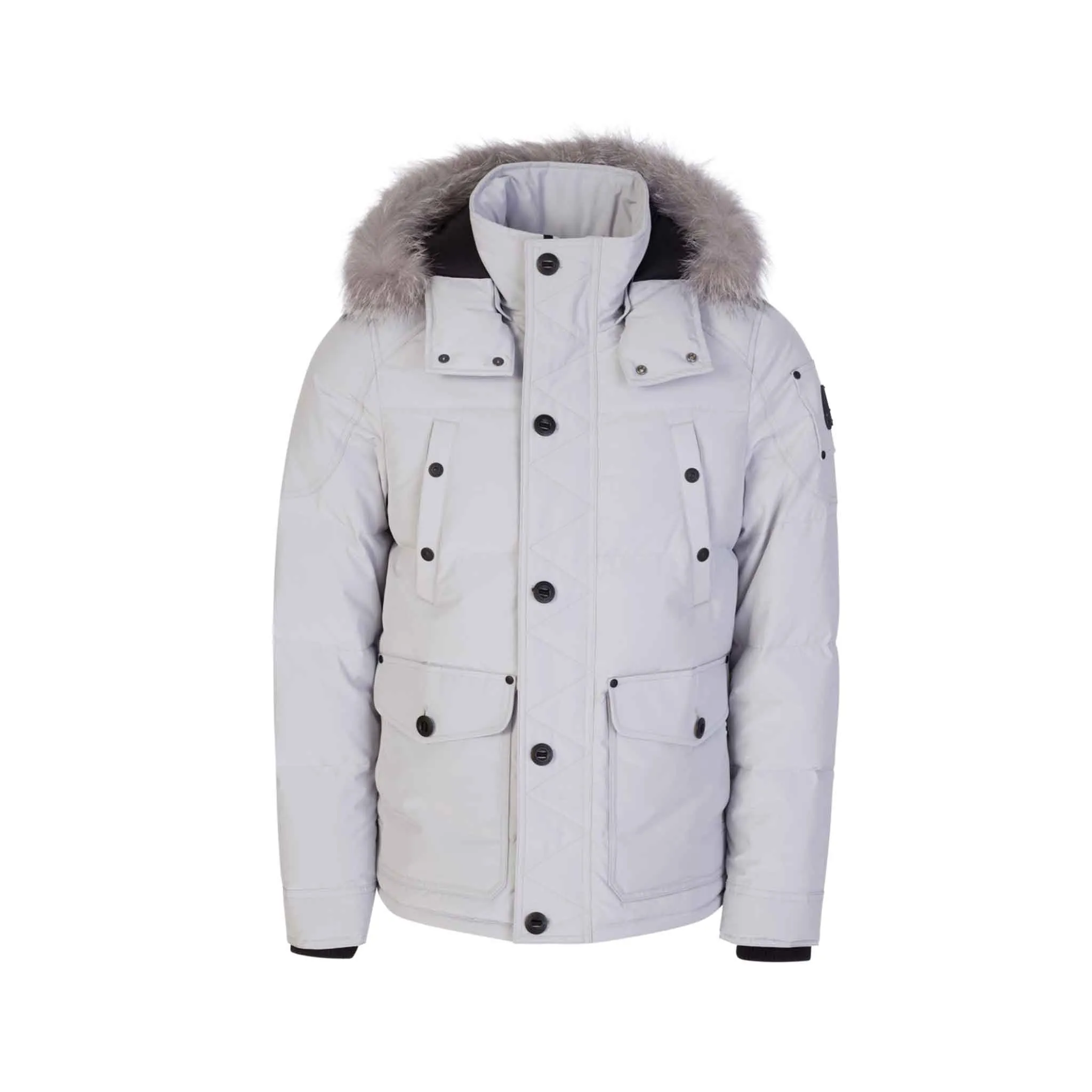 Moose Knuckles Mens Round Island Jacket in Grey Birch/ Frost Fur