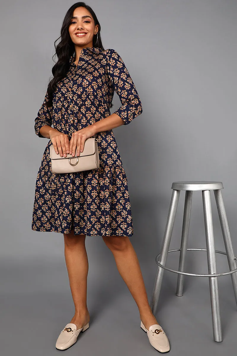 Navy Blue Cotton Ethnic Motifs Midi Dress