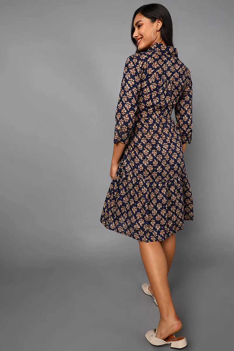 Navy Blue Cotton Ethnic Motifs Midi Dress