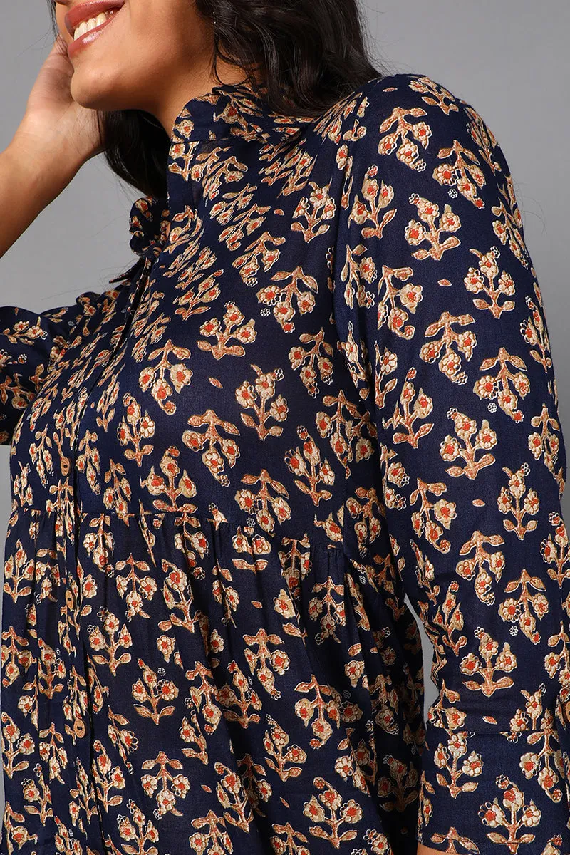 Navy Blue Cotton Ethnic Motifs Midi Dress