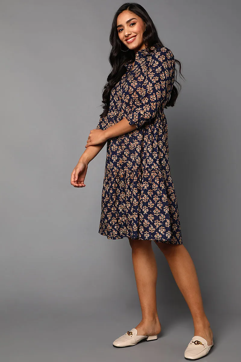 Navy Blue Cotton Ethnic Motifs Midi Dress