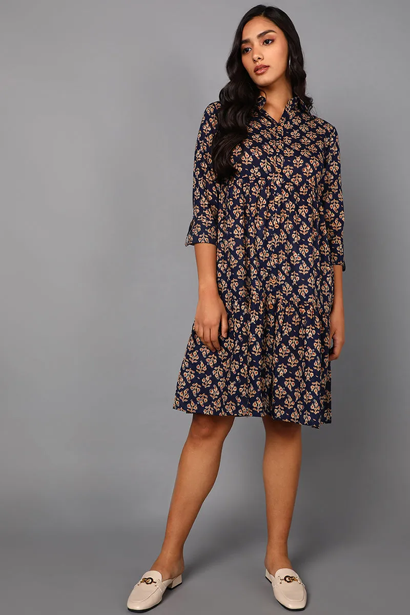 Navy Blue Cotton Ethnic Motifs Midi Dress