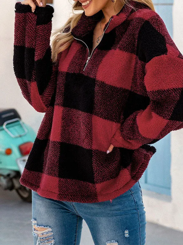 Quarter Zip Checkered Fleece Jacket