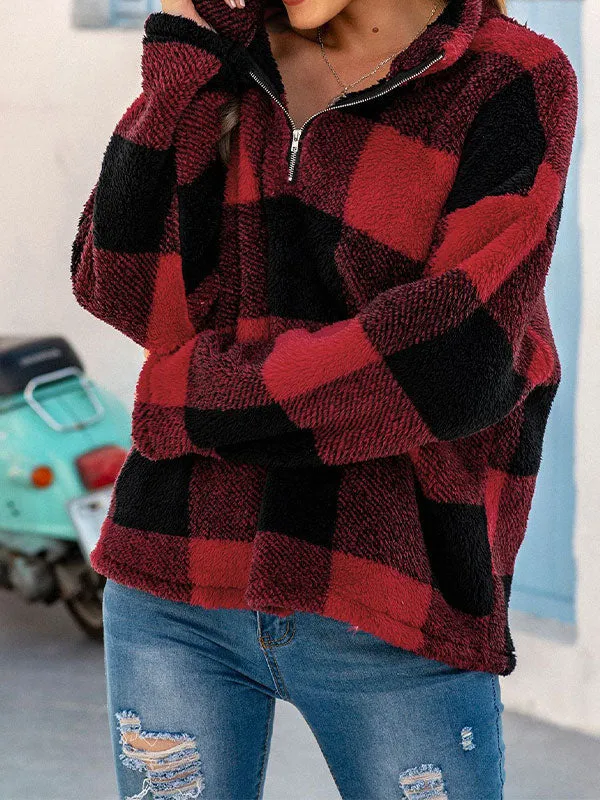 Quarter Zip Checkered Fleece Jacket