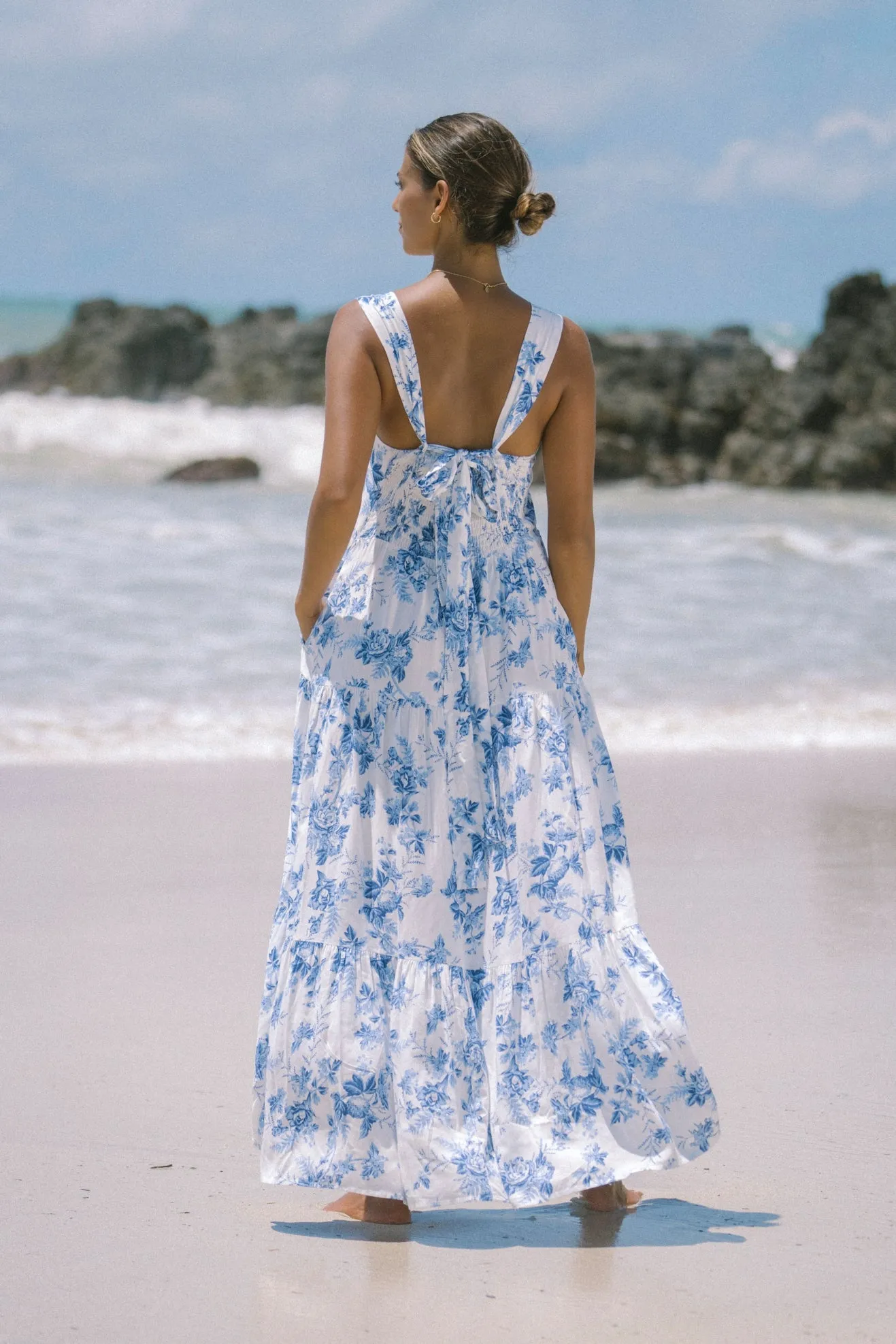 Rosette Blue Floral Tiered Midi Dress