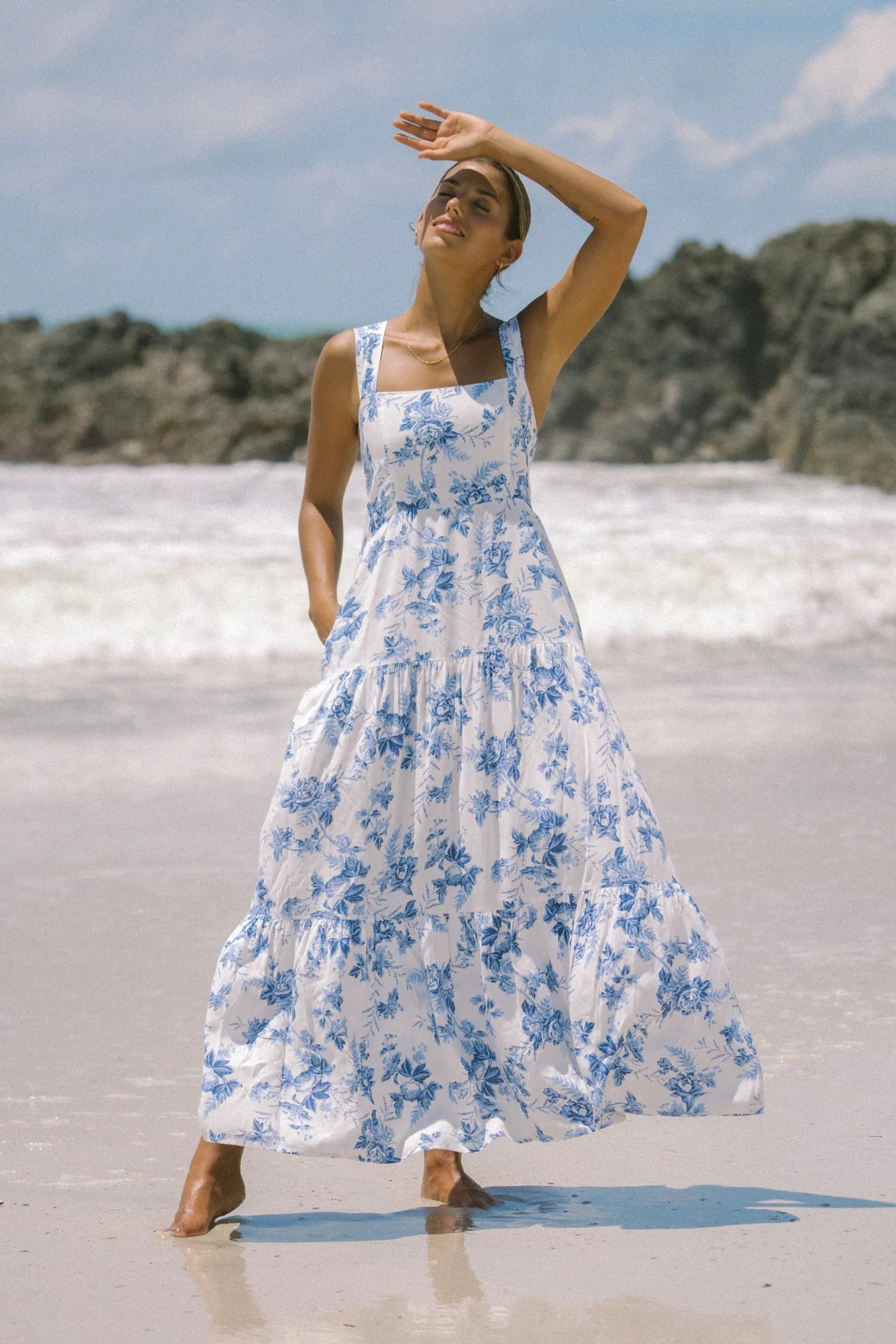 Rosette Blue Floral Tiered Midi Dress