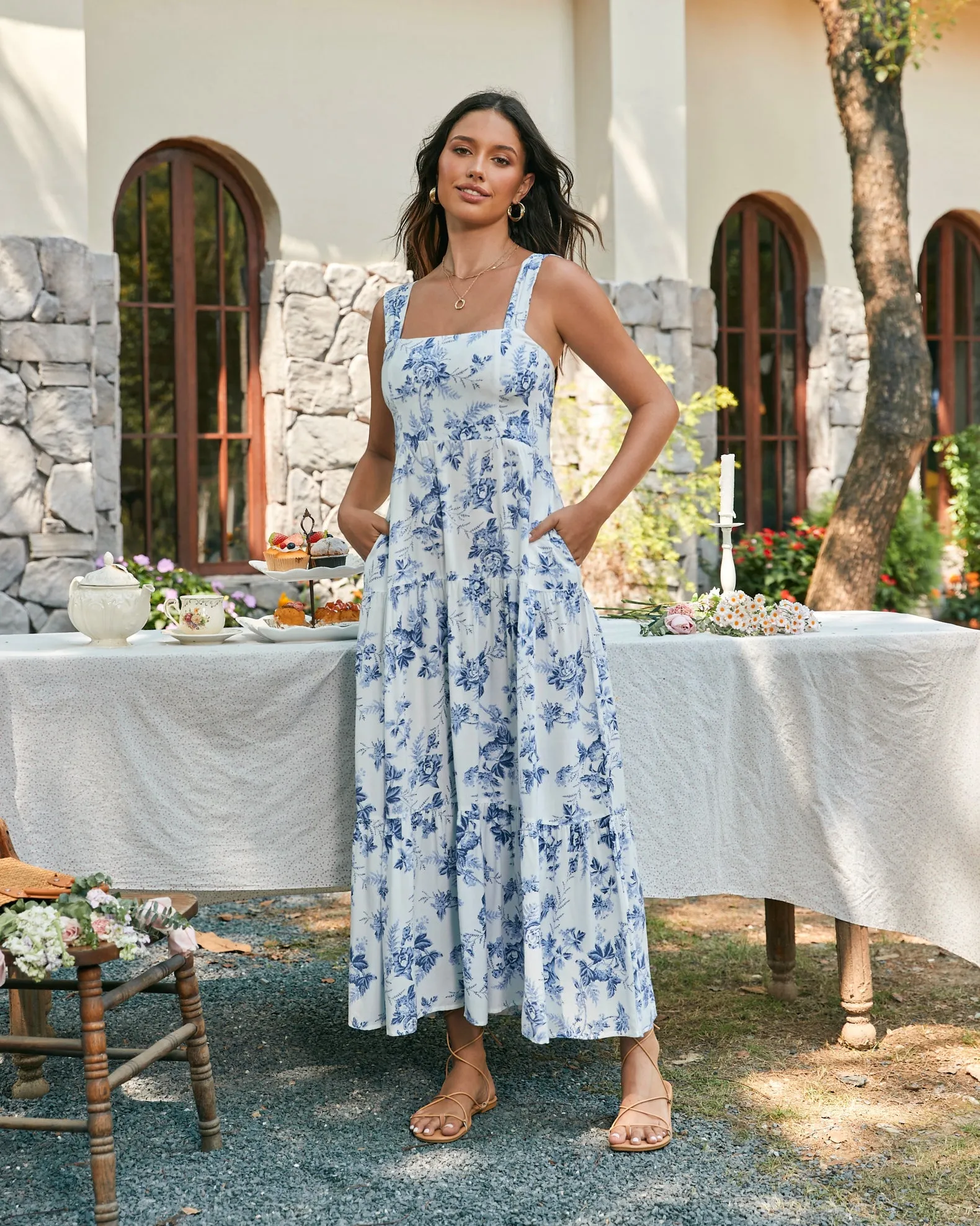 Rosette Blue Floral Tiered Midi Dress