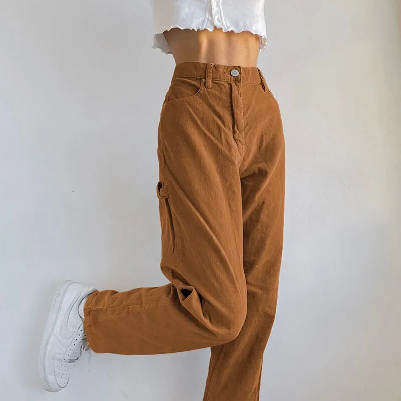 Streetwear High Waist Corduroy Brown Pants