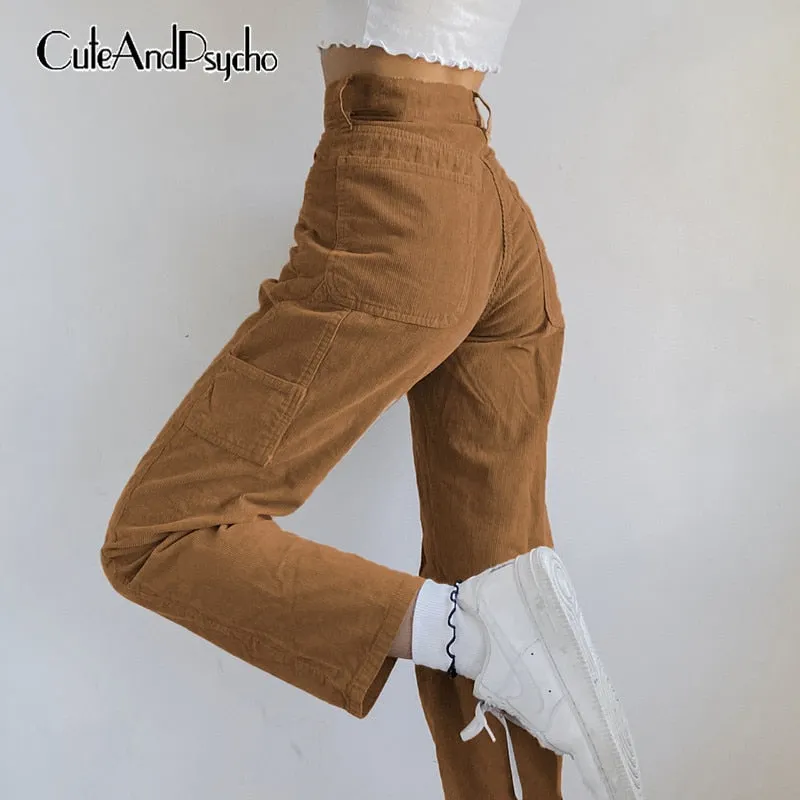 Streetwear High Waist Corduroy Brown Pants