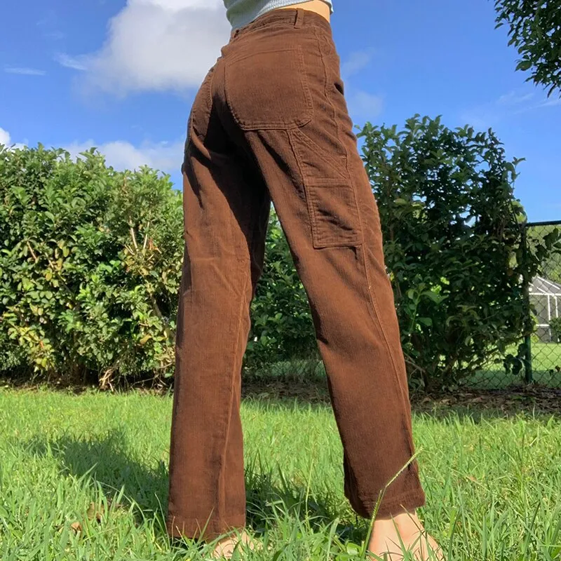 Streetwear High Waist Corduroy Brown Pants