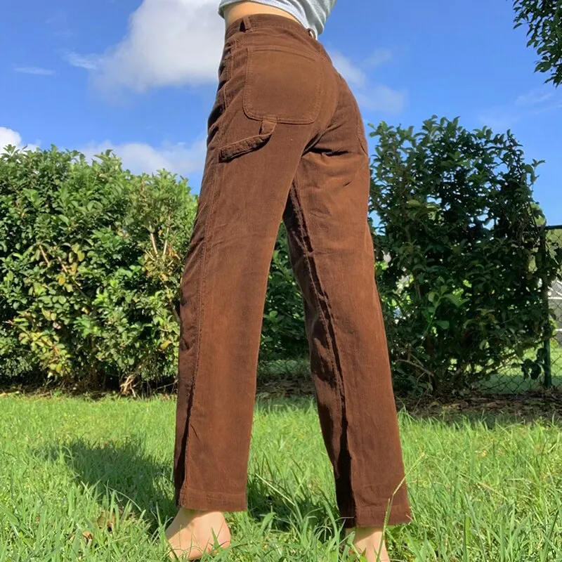 Streetwear High Waist Corduroy Brown Pants