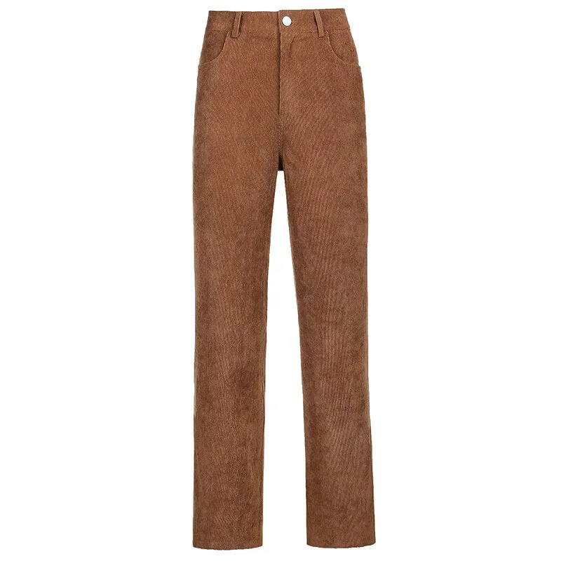 Streetwear High Waist Corduroy Brown Pants