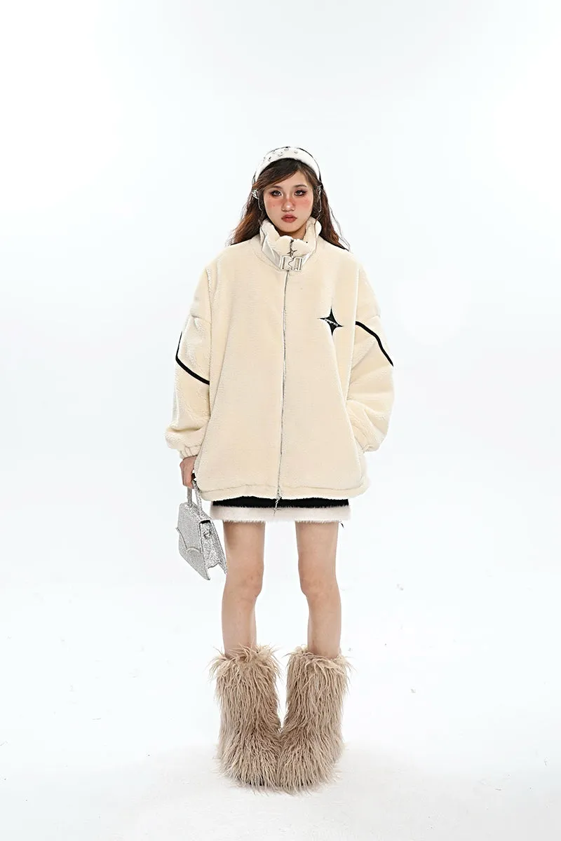 Twinkle Star Solid Color Fleece Zip Up Long Sleeve Turtleneck Jacket