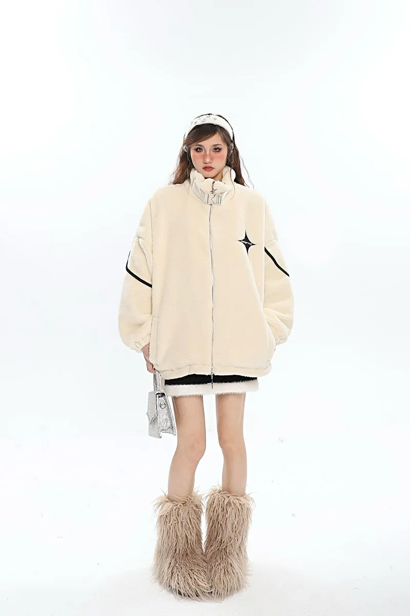 Twinkle Star Solid Color Fleece Zip Up Long Sleeve Turtleneck Jacket