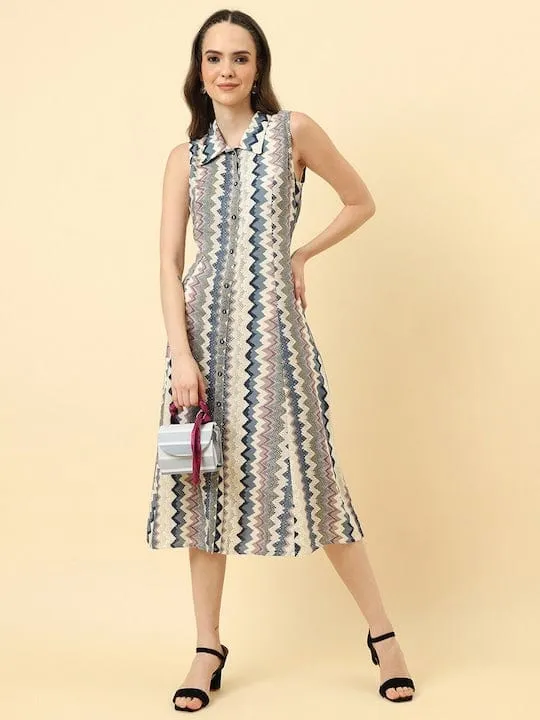Varanga Women White Blue Chevron Printed A Line Dress Vdrs41119