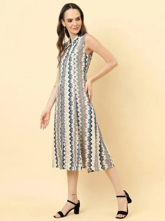 Varanga Women White Blue Chevron Printed A Line Dress Vdrs41119