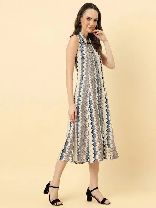 Varanga Women White Blue Chevron Printed A Line Dress Vdrs41119