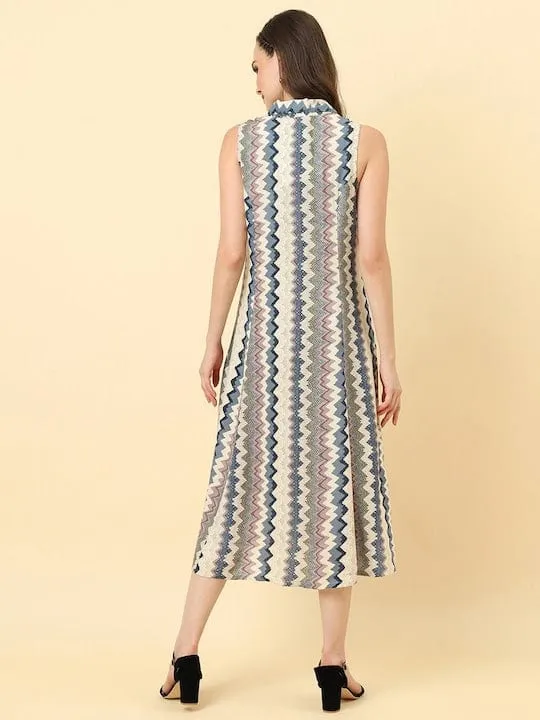 Varanga Women White Blue Chevron Printed A Line Dress Vdrs41119
