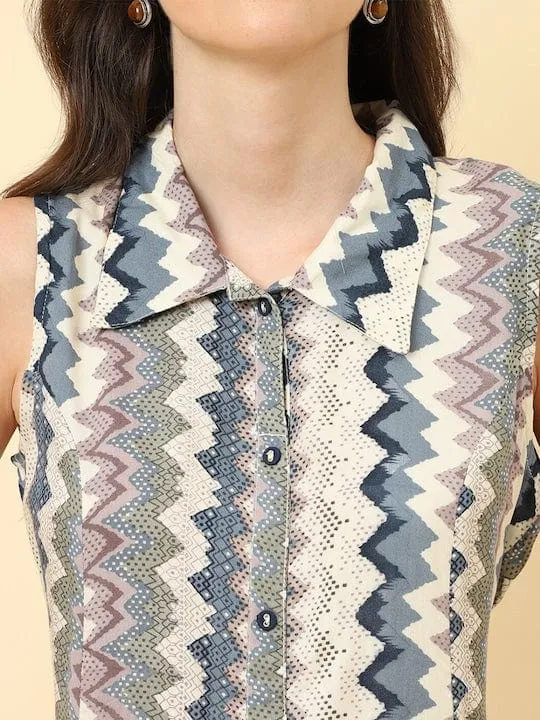 Varanga Women White Blue Chevron Printed A Line Dress Vdrs41119
