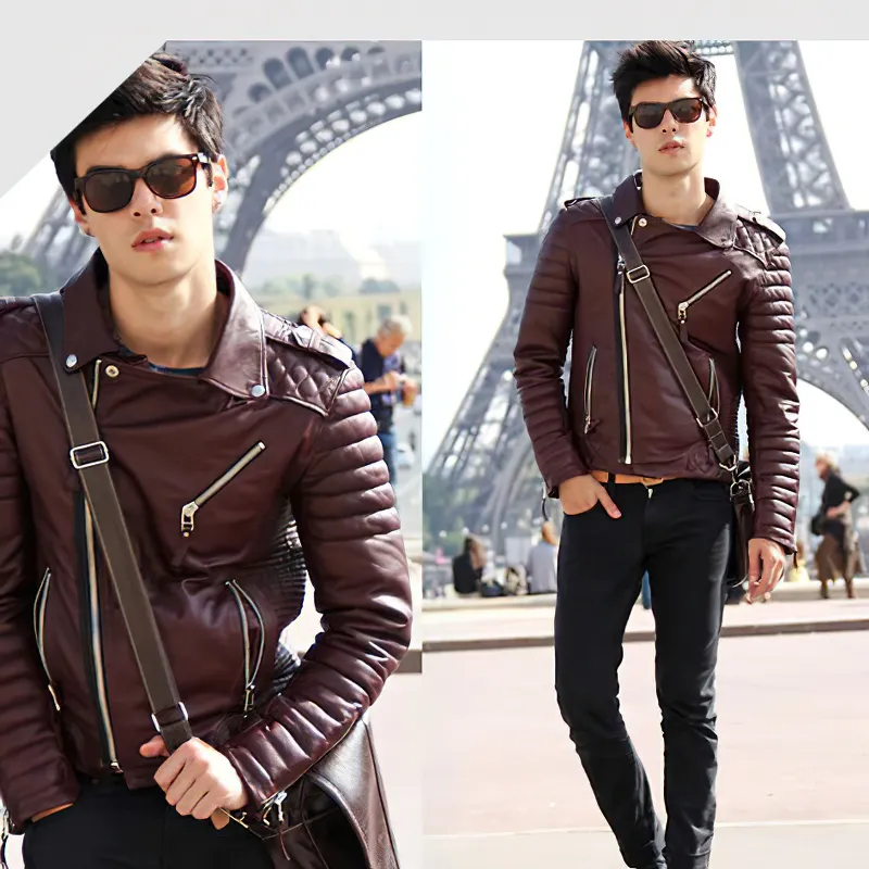Vintage PU Leather Zipper Jacket / Fashion Biker's Fur Jacket / Motorcycle Male Outerwear