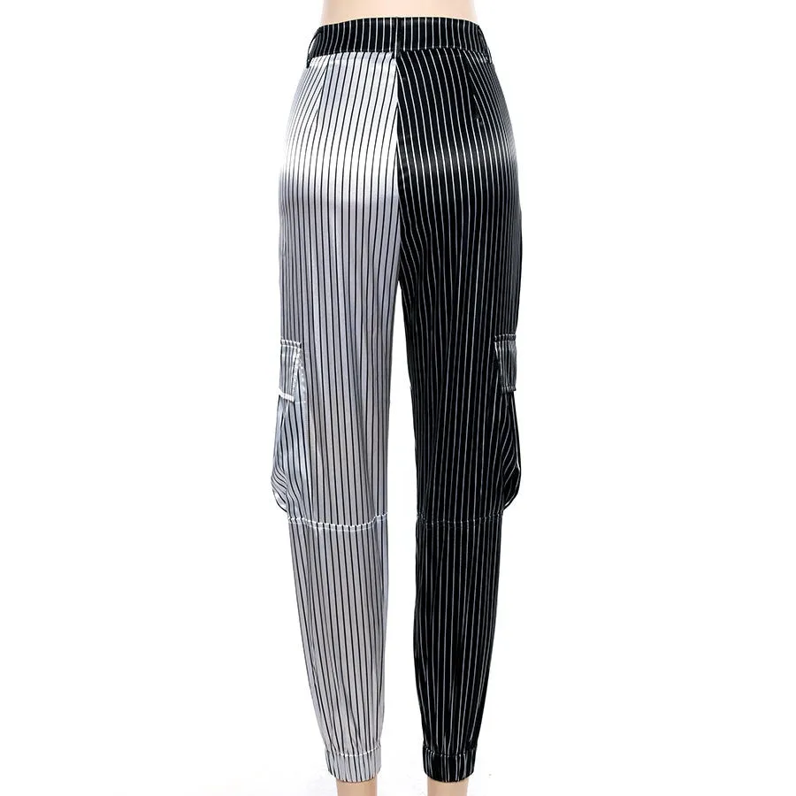 Women's Autumn Black&White Striped Patchwork Ankle-Length Cargo Pants