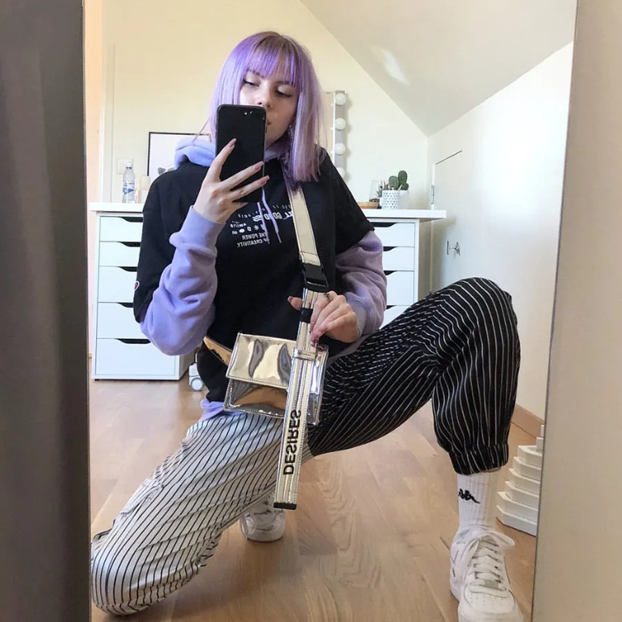 Women's Autumn Black&White Striped Patchwork Ankle-Length Cargo Pants