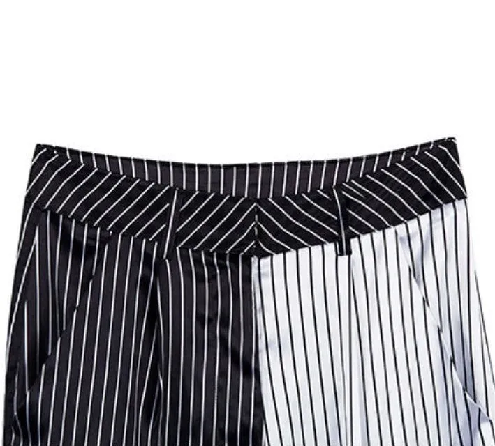 Women's Autumn Black&White Striped Patchwork Ankle-Length Cargo Pants