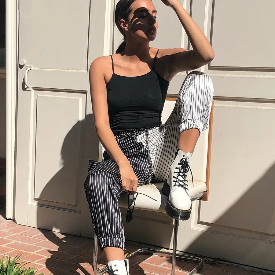 Women's Autumn Black&White Striped Patchwork Ankle-Length Cargo Pants