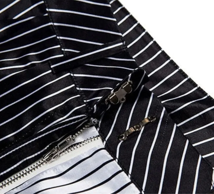 Women's Autumn Black&White Striped Patchwork Ankle-Length Cargo Pants