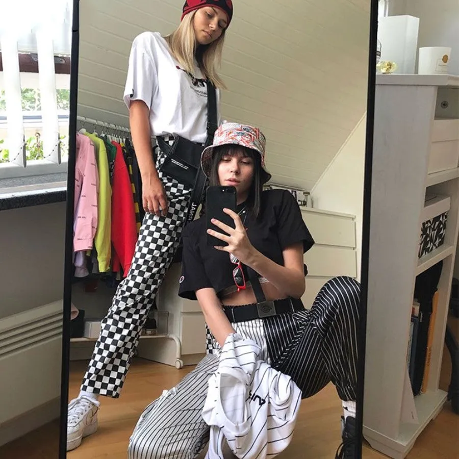 Women's Autumn Black&White Striped Patchwork Ankle-Length Cargo Pants