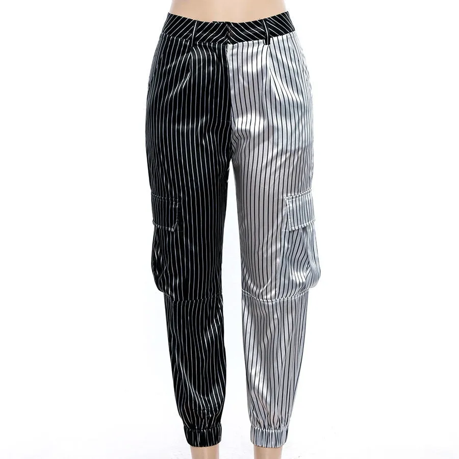 Women's Autumn Black&White Striped Patchwork Ankle-Length Cargo Pants