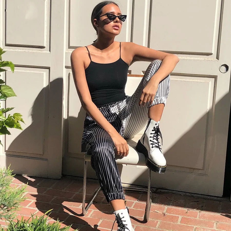 Women's Autumn Black&White Striped Patchwork Ankle-Length Cargo Pants