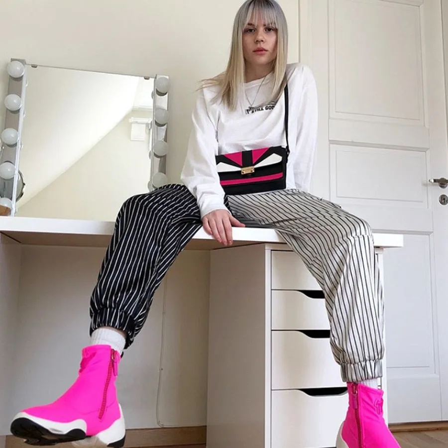 Women's Autumn Black&White Striped Patchwork Ankle-Length Cargo Pants