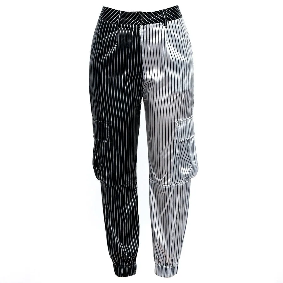 Women's Autumn Black&White Striped Patchwork Ankle-Length Cargo Pants